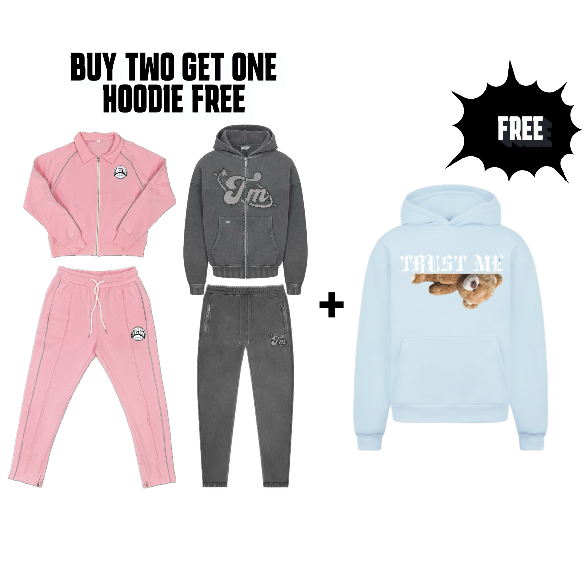 2 Tracksuit plus ein Hoodie gratis